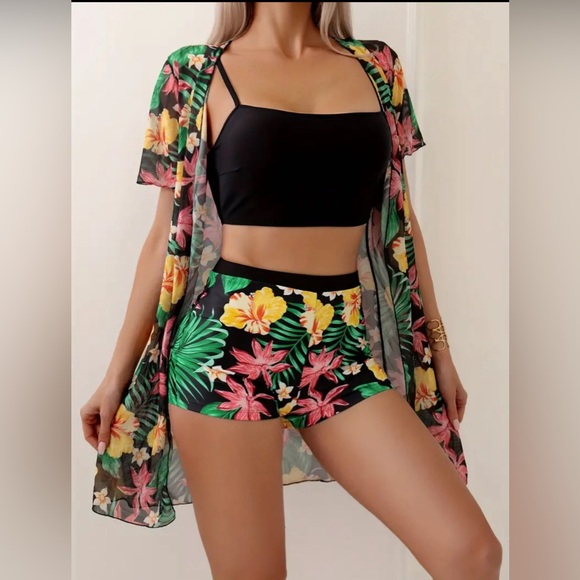 Source Unknown Other - 🌼💜NEW Tropical Floral Print Stretchy Black 3 Piece Swimsuit, Spaghetti Straps